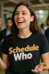 A person with long brown hair is smiling widely and wearing a black t-shirt with the text 