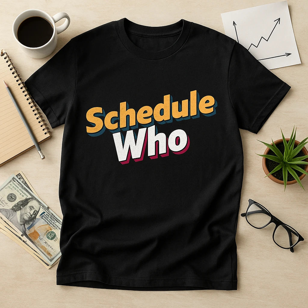 Black T-shirt with colorful text that reads "Schedule Who" placed on a wooden surface. Surrounding items include a notebook with a pencil, a cup of coffee, a stack of US dollar bills, a small potted plant, a pair of glasses, and a piece of paper with a line graph.