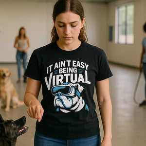 Lifestyle shot of the "It Ain'T Easy Being Virtual" black walking the dog shirts in a real-world setting