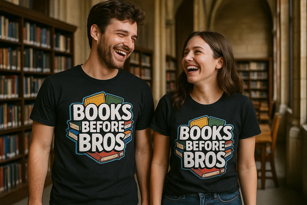 Person wearing the black studying t shirt graphic tee - "Books Before Bros" design
