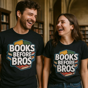 Person wearing the black studying t shirt graphic tee - "Books Before Bros" design