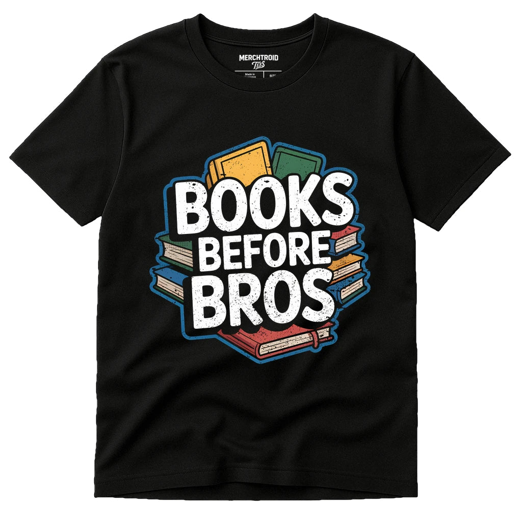Black Studying T Shirt - "Books Before Bros" graphic tee with white print, flat lay product photo