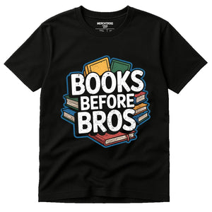 Black Studying T Shirt - "Books Before Bros" graphic tee with white print, flat lay product photo