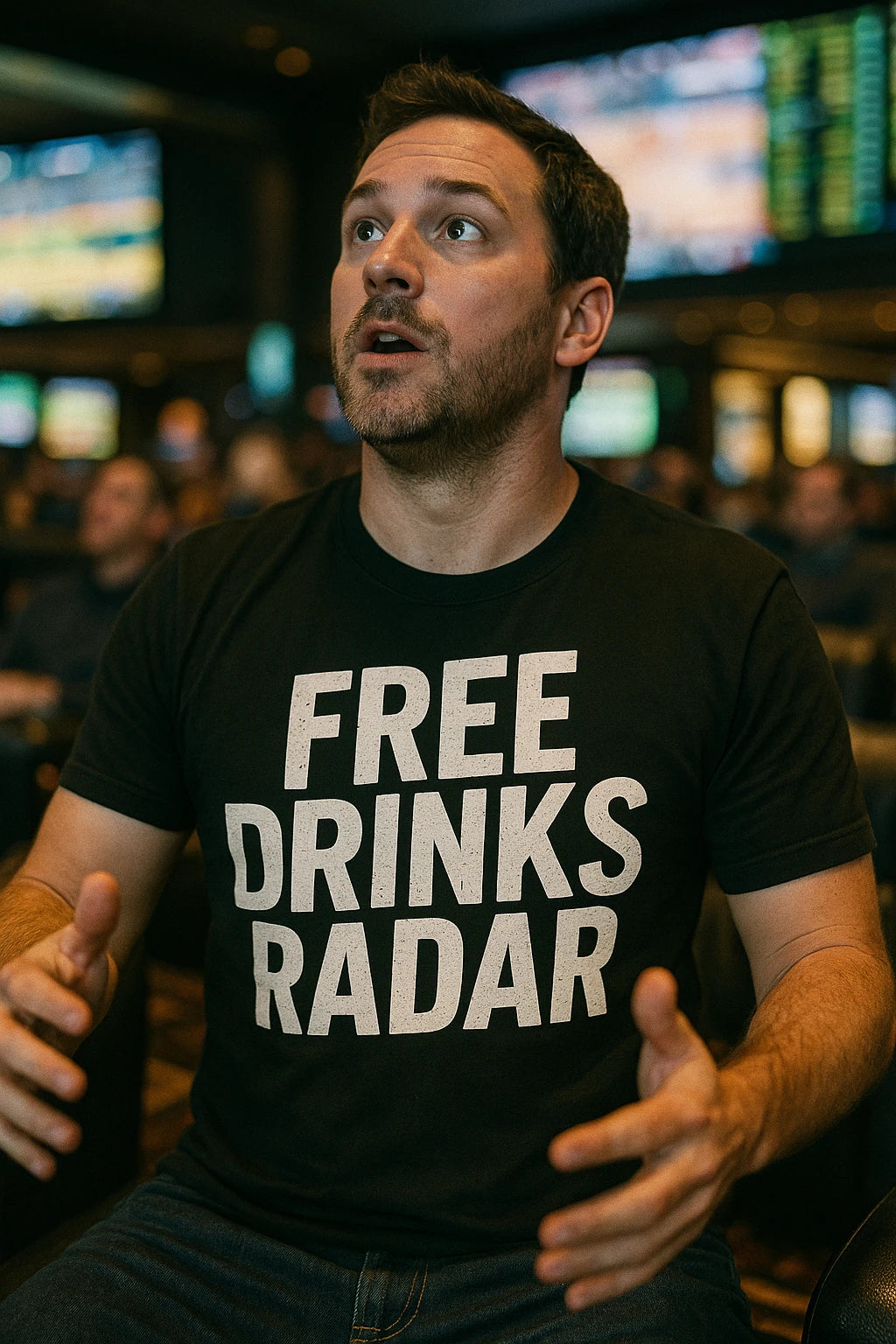 "Free Drinks Radar" black las vegas t shirt, photographed as gifts for las vegas lovers