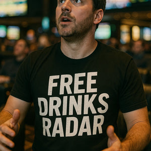 "Free Drinks Radar" black las vegas t shirt, photographed as gifts for las vegas lovers