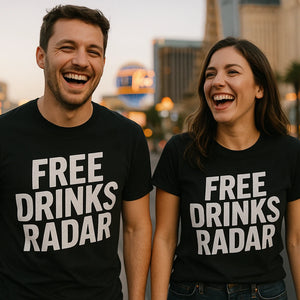 Person wearing the black las vegas t shirt graphic tee - "Free Drinks Radar" design