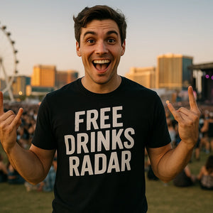 Lifestyle shot of the "Free Drinks Radar" black las vegas t shirt in a real-world setting