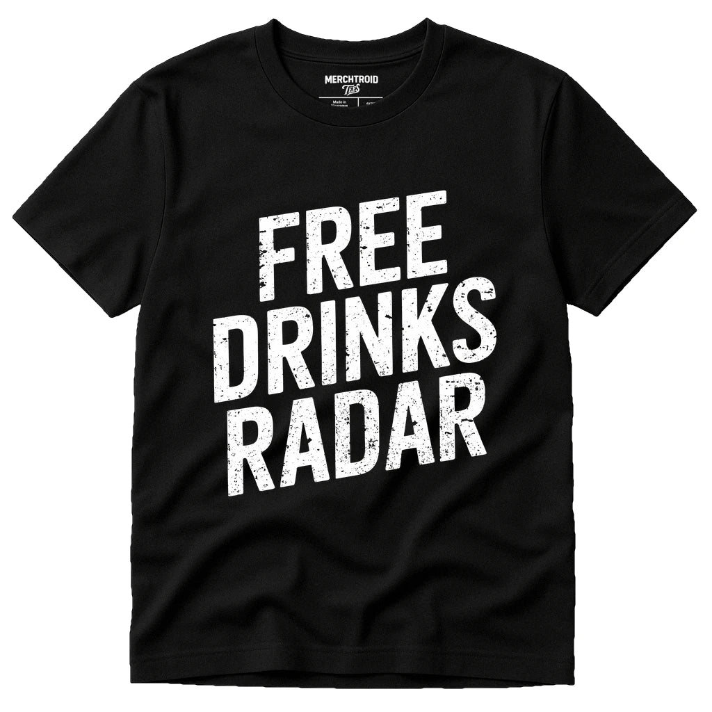 Black Las Vegas T Shirt - "Free Drinks Radar" graphic tee with white print, flat lay product photo