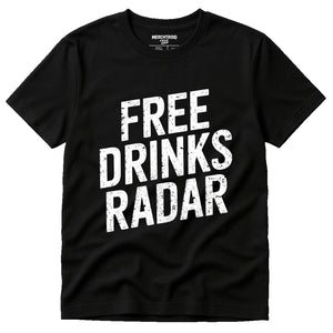 Black Las Vegas T Shirt - "Free Drinks Radar" graphic tee with white print, flat lay product photo