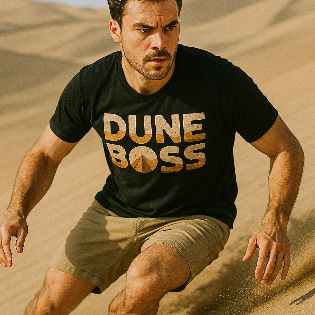 A person with short dark hair is running on sand dunes, wearing a black t-shirt with the words "DUNE BOSS" printed in bold lettering, along with a stylized dune graphic. They also wear light-colored shorts. The background features sandy hills under a clear sky.