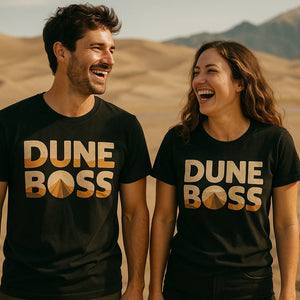 Person wearing the black sandboarding t shirt graphic tee - "Dune Boss" design