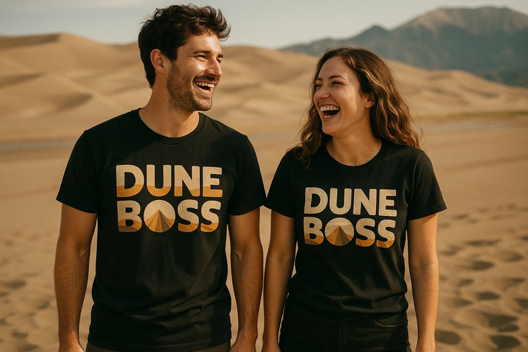 Person wearing the black sandboarding t shirt graphic tee - 