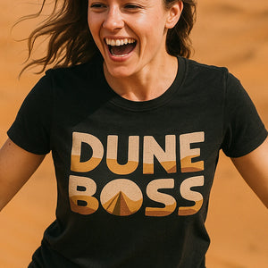 "Dune Boss" black sandboarding t shirt, photographed as sandboarding lover gift