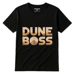 Black Sandboarding T Shirt - "Dune Boss" graphic tee with beige print, flat lay product photo