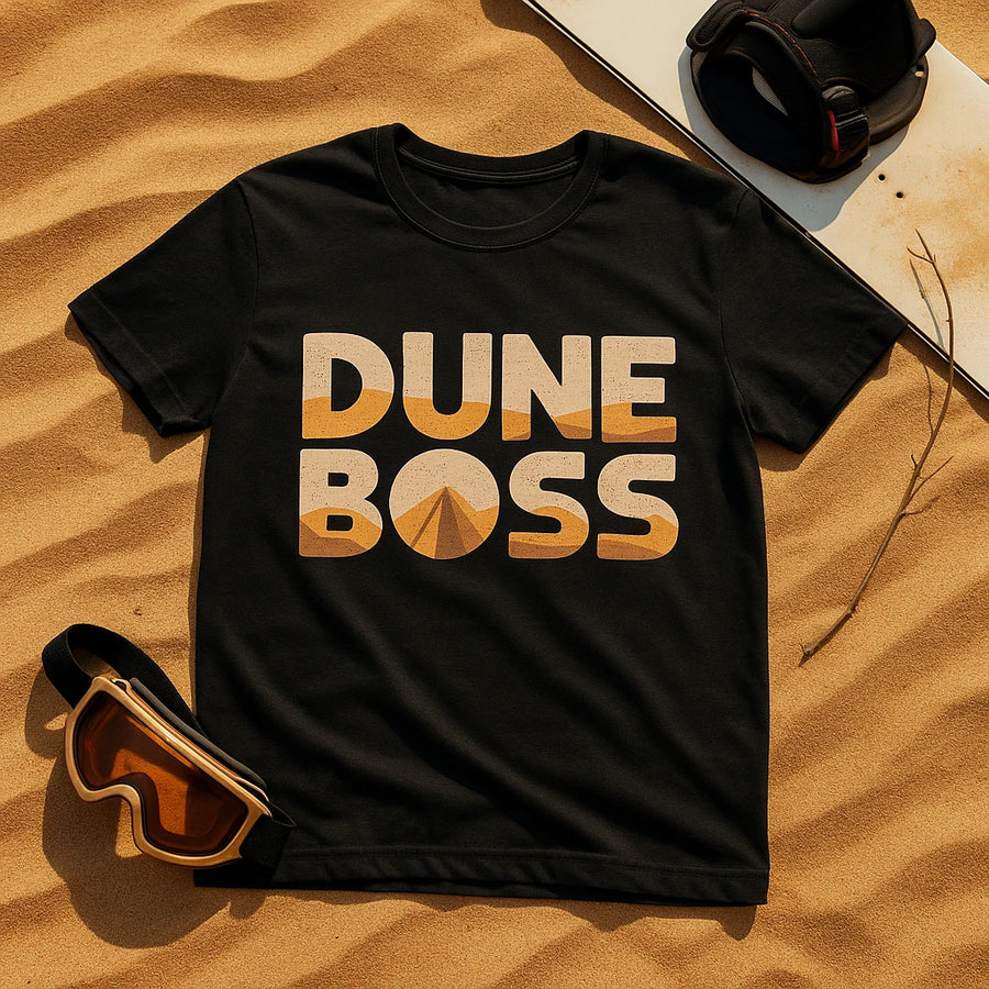 A black t-shirt with the text "DUNE BOSS" in bold, sandy-colored letters is laid out on a desert background. Near the shirt, there are orange-tinted goggles and a part of a snowboard or sandboard visible with some twigs on the sand.