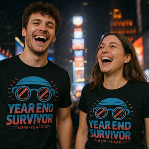 Person wearing the black new years eve shirts womens graphic tee - "Year End Survivor" design