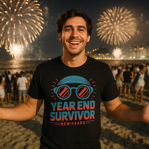 Lifestyle shot of the "Year End Survivor" black new years eve shirts womens in a real-world setting