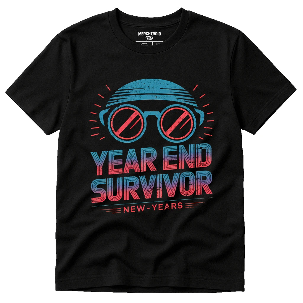 Black New Years Eve Shirts Womens - "Year End Survivor" graphic tee with teal print, flat lay product photo