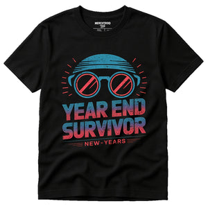 Black New Years Eve Shirts Womens - "Year End Survivor" graphic tee with teal print, flat lay product photo