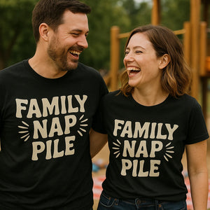 Person wearing the black family life t shirt graphic tee - "Family Nap Pile" design
