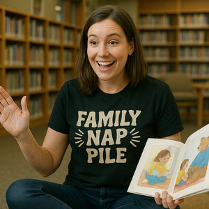 Lifestyle shot of the "Family Nap Pile" black family life t shirt in a real-world setting