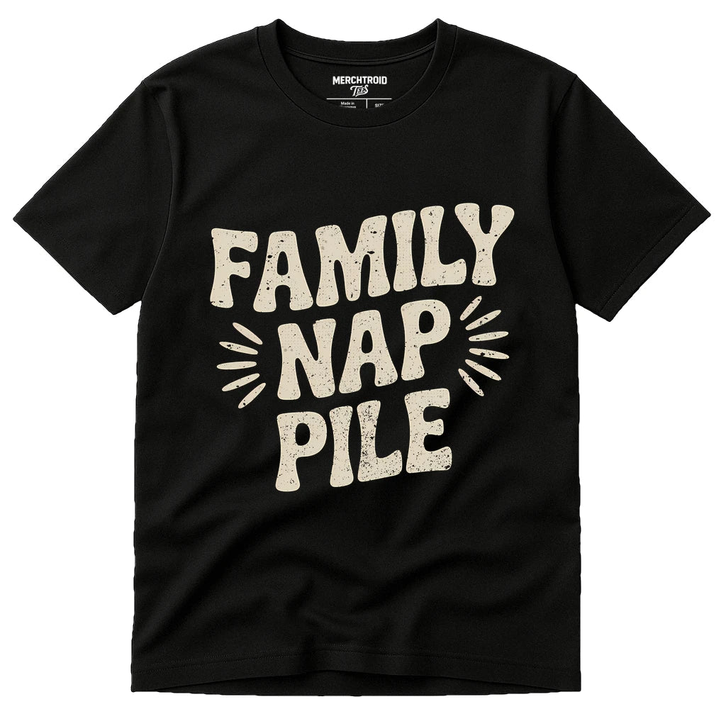 Black Family Life T Shirt - "Family Nap Pile" graphic tee with beige print, flat lay product photo