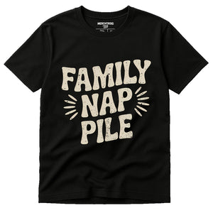 Black Family Life T Shirt - "Family Nap Pile" graphic tee with beige print, flat lay product photo