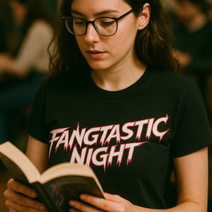 "Fangtastic Night" black fearless vampire killers t shirt, photographed as gifts for vampire lovers