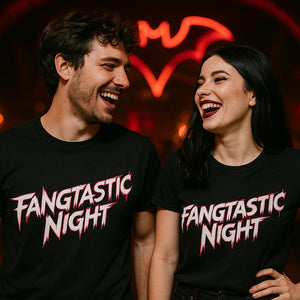 Person wearing the black fearless vampire killers t shirt graphic tee - "Fangtastic Night" design