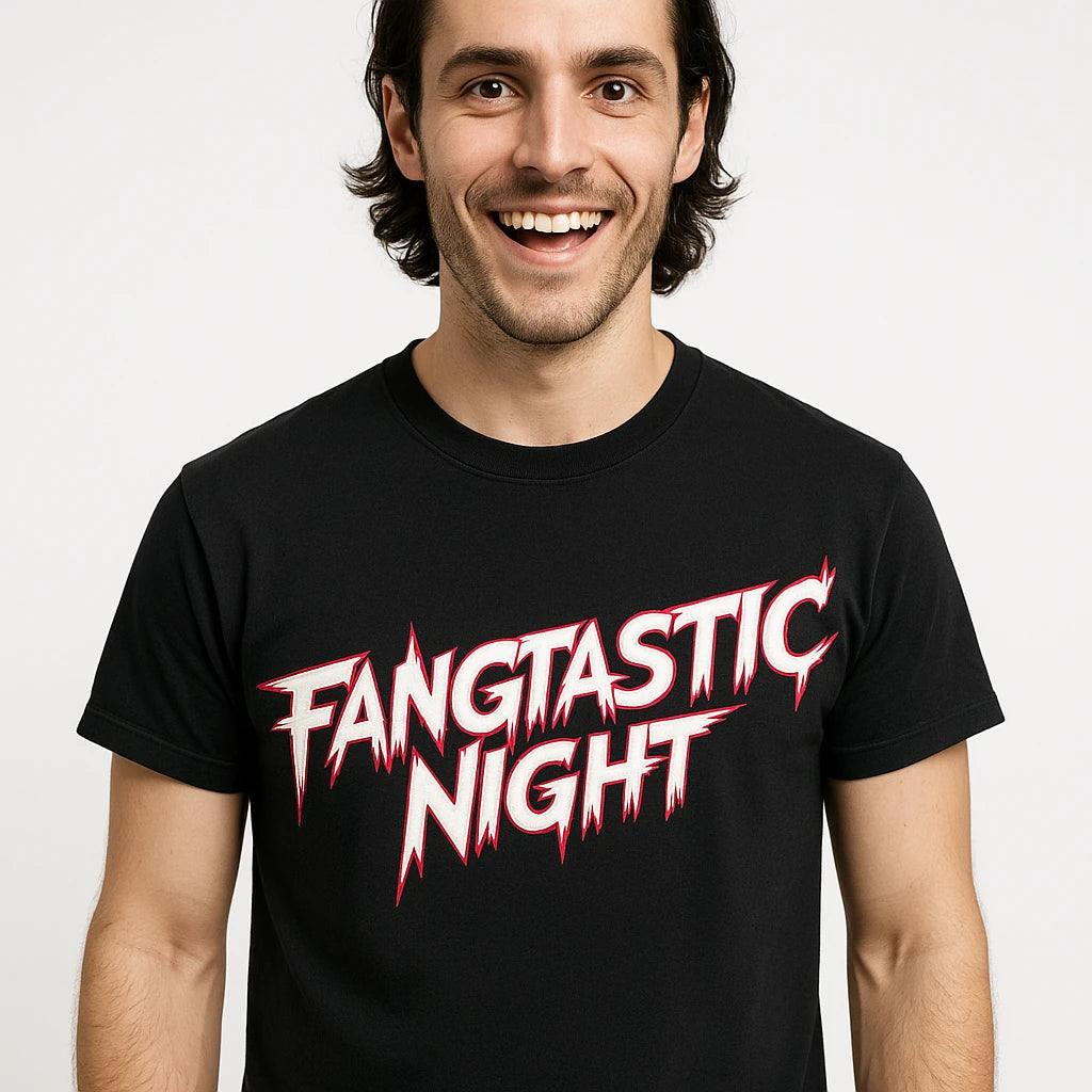 Close-up of the "Fangtastic Night" white print on a premium Bella+Canvas black fearless vampire killers t shirt