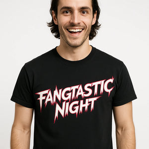 Close-up of the "Fangtastic Night" white print on a premium Bella+Canvas black fearless vampire killers t shirt