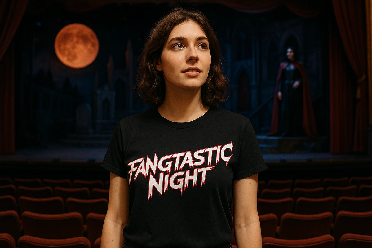 Lifestyle shot of the "Fangtastic Night" black fearless vampire killers t shirt in a real-world setting