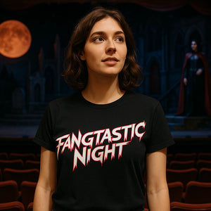 Lifestyle shot of the "Fangtastic Night" black fearless vampire killers t shirt in a real-world setting
