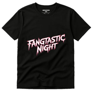 Black Fearless Vampire Killers T Shirt - "Fangtastic Night" graphic tee with white print, flat lay product photo