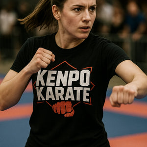"Kenpo Karate" black mixed martial arts t shirt, photographed as martial art lover gift
