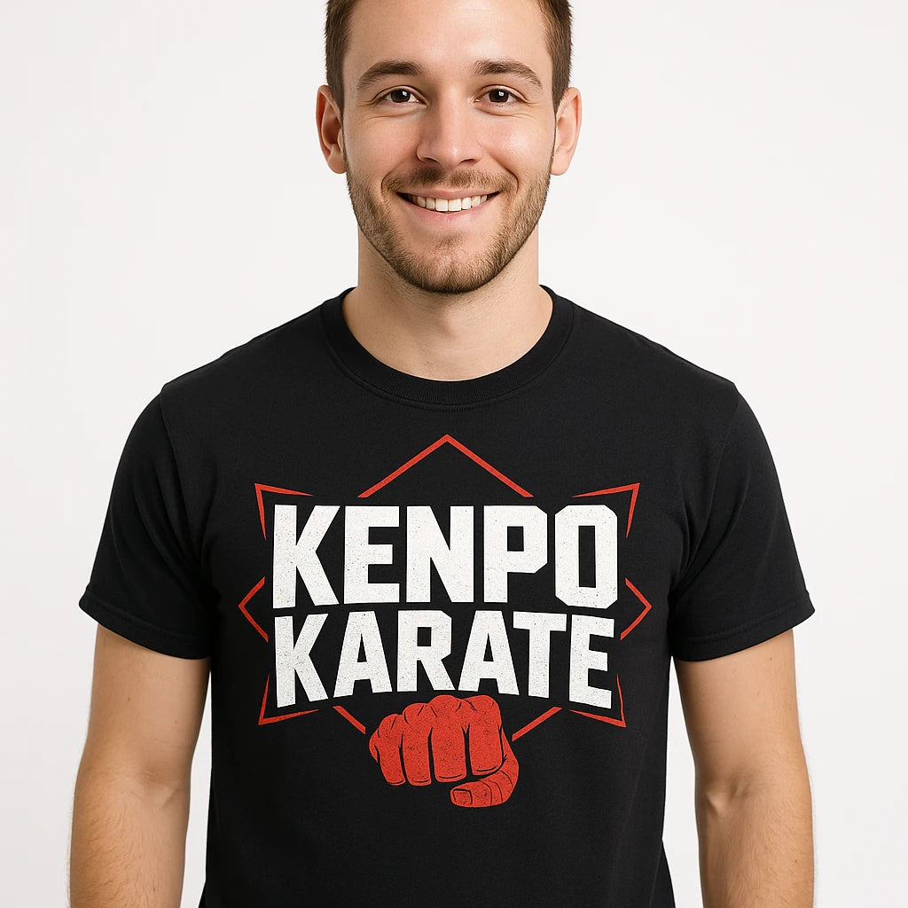 Close-up of the "Kenpo Karate" white print on a premium Bella+Canvas black mixed martial arts t shirt