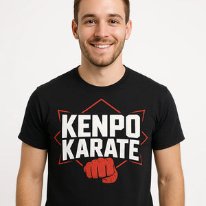 Close-up of the "Kenpo Karate" white print on a premium Bella+Canvas black mixed martial arts t shirt