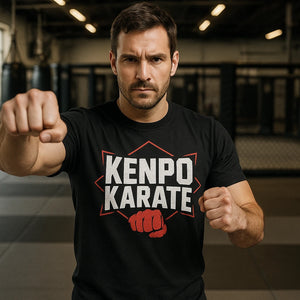 Lifestyle shot of the "Kenpo Karate" black mixed martial arts t shirt in a real-world setting
