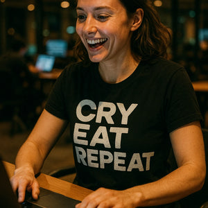 "Cry Eat Repeat" black sleep deprived t shirt - a birthday gift for sleep deprived lover