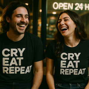Person wearing the black sleep deprived t shirt graphic tee - "Cry Eat Repeat" design