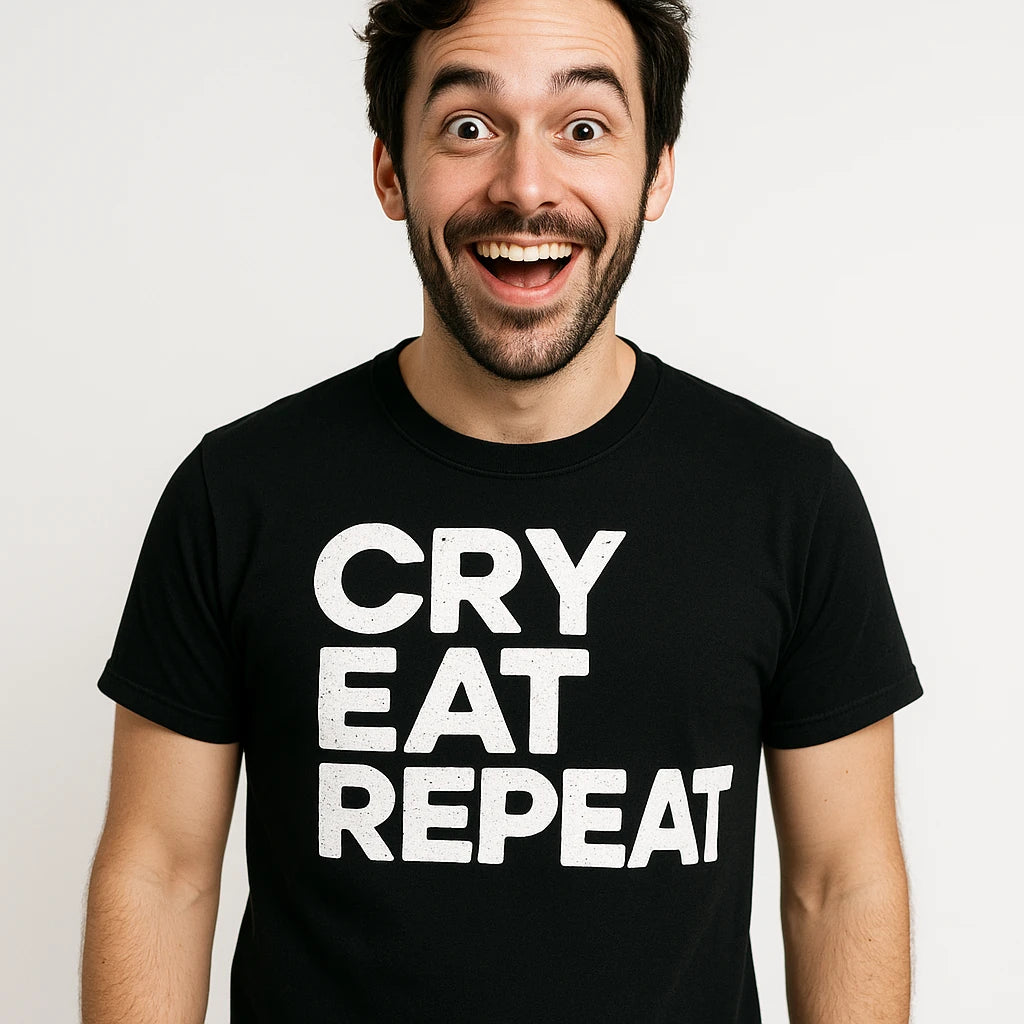 Close-up of the "Cry Eat Repeat" white print on a premium Bella+Canvas black sleep deprived t shirt