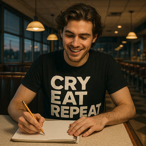Lifestyle shot of the "Cry Eat Repeat" black sleep deprived t shirt in a real-world setting