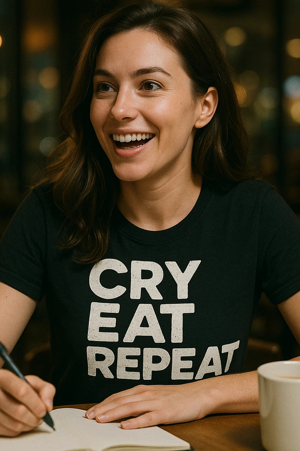 "Cry Eat Repeat" black sleep deprived t shirt, photographed as sleep deprived lover gift