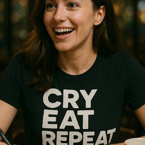 "Cry Eat Repeat" black sleep deprived t shirt, photographed as sleep deprived lover gift