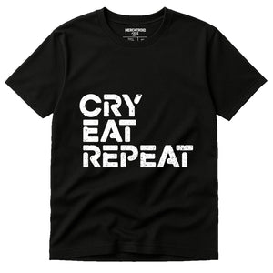 Black Sleep Deprived T Shirt - "Cry Eat Repeat" graphic tee with white print, flat lay product photo