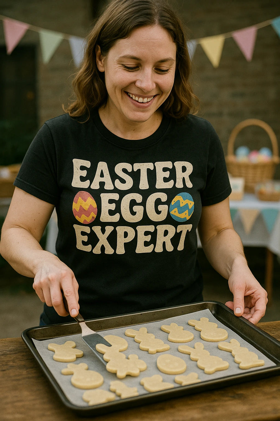 A person in a black t-shirt with the words "EASTER EGG EXPERT" is smiling and using a spatula to handle a tray of unbaked, Easter-themed cookies. The background shows blurred bunting and baskets, suggesting a festive setting.