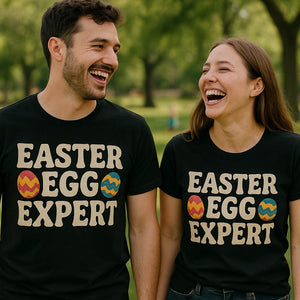 Person wearing the black ladies easter shirts graphic tee - "Easter Egg Expert" design