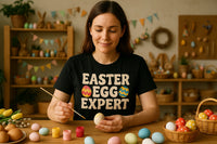A person is sitting at a table, painting Easter eggs. They are wearing a black t-shirt with the text 