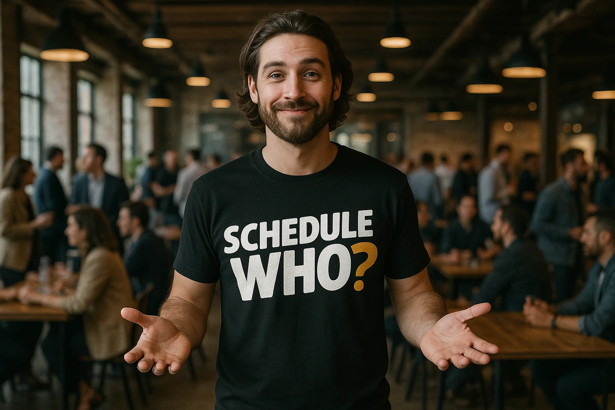 Lifestyle shot of the "Schedule Who" black entrepreneurs t shirt in a real-world setting