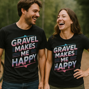 Person wearing the black bike shirts graphic tee - "Gravel Makes Me Happy" design